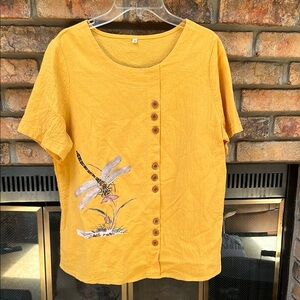 Yellow Button-Up Top with Dragonfly emblem size M